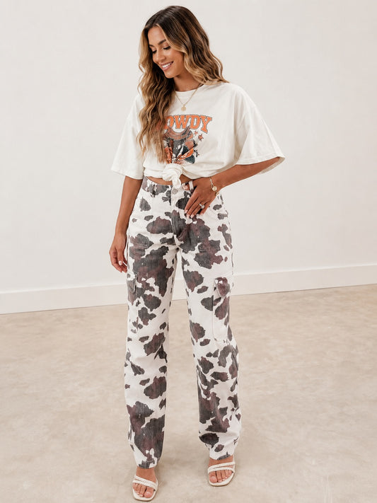 Cow Print Printed Multi Pocketed Jeans