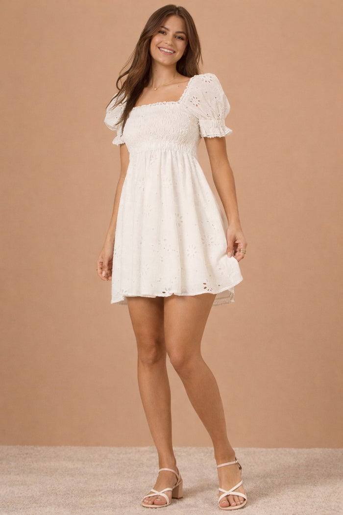Eyelet Puff Sleeve Smocked Mini Dress
