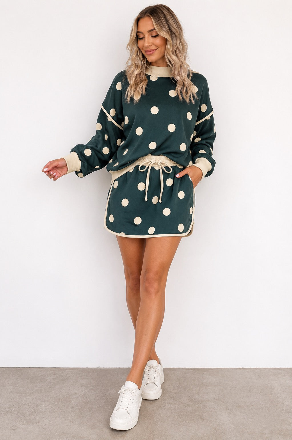 Polka Dot Baggy Pullover Drawstring Skirt Set