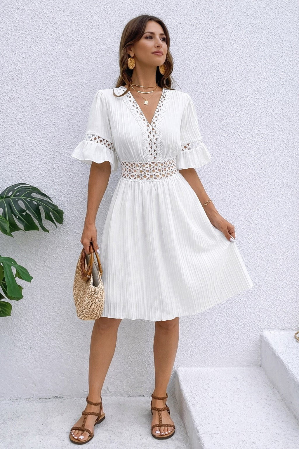 Cutout V-Neck Flounce Sleeve Mini Dress