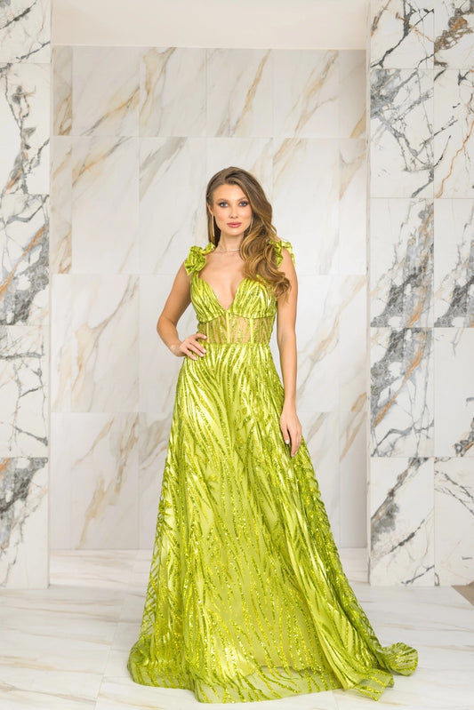 Metallic Pleated Gown – Deep V Neck Formal Dress with Slit
