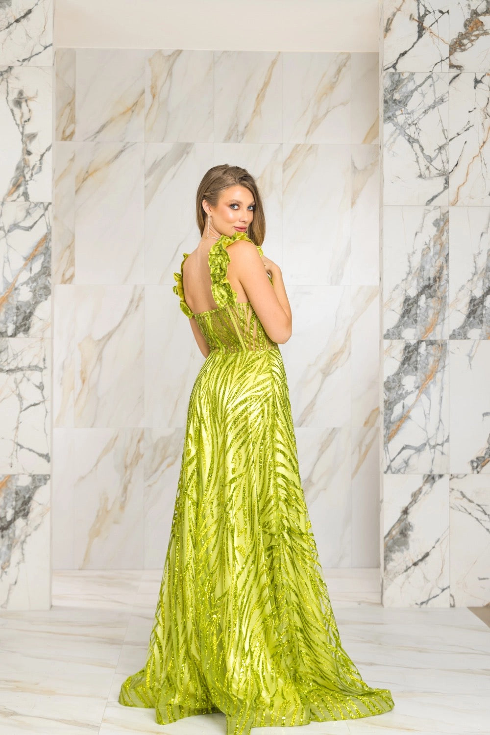 Metallic Pleated Gown – Deep V Neck Formal Dress with Slit