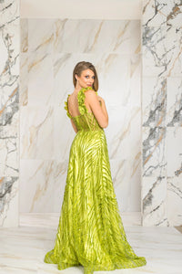 Metallic Pleated Gown – Deep V Neck Formal Dress with Slit