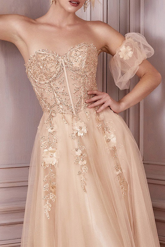 Curvy Strapless A-Line Gown & Puff Sleeves