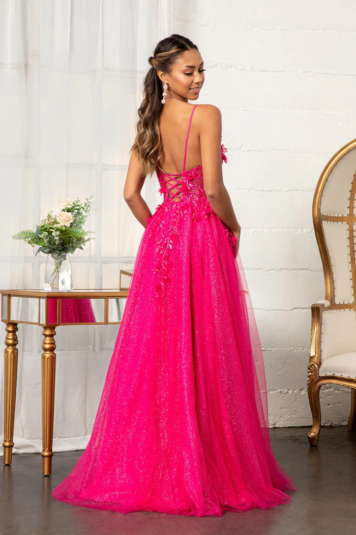 3-D Flower Appliqué Glitter Mesh A-line Dress With Embroidery & Sequin