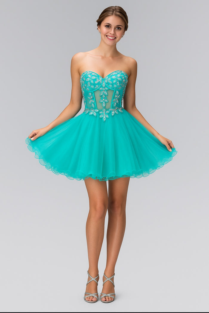 Strapless Sweetheart Bead and Sequin Embellished Tulle Short Dress with Sheer Waistline