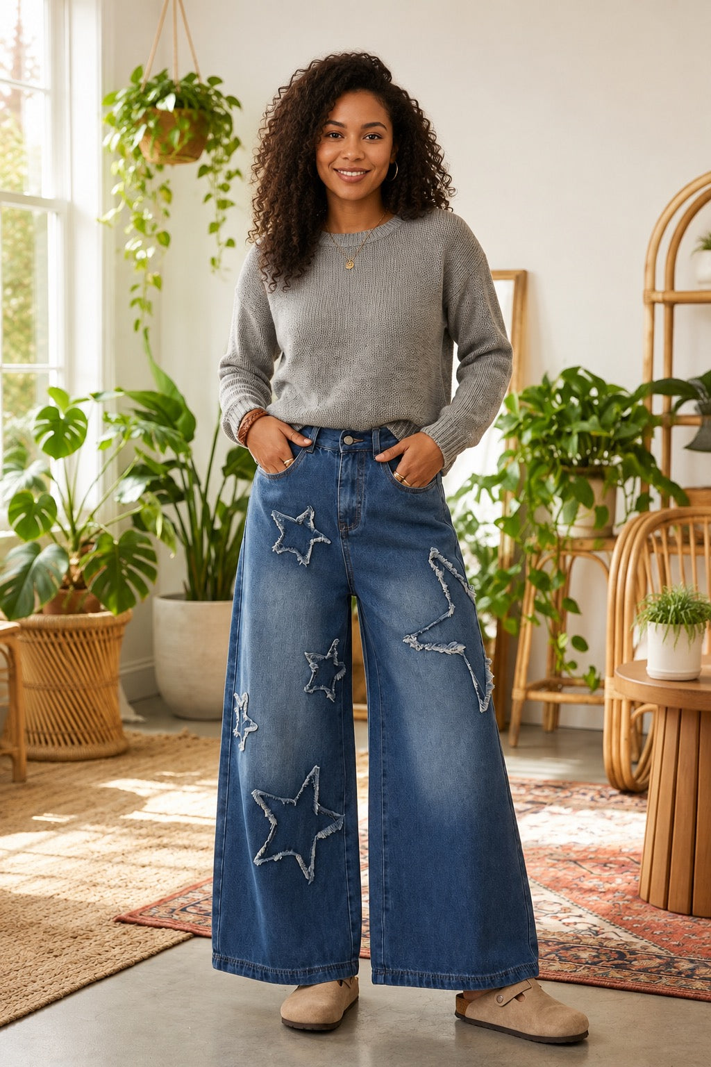 Star Embellished Wide Leg Jeans