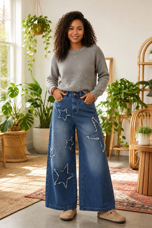 Star Embellished Wide Leg Jeans