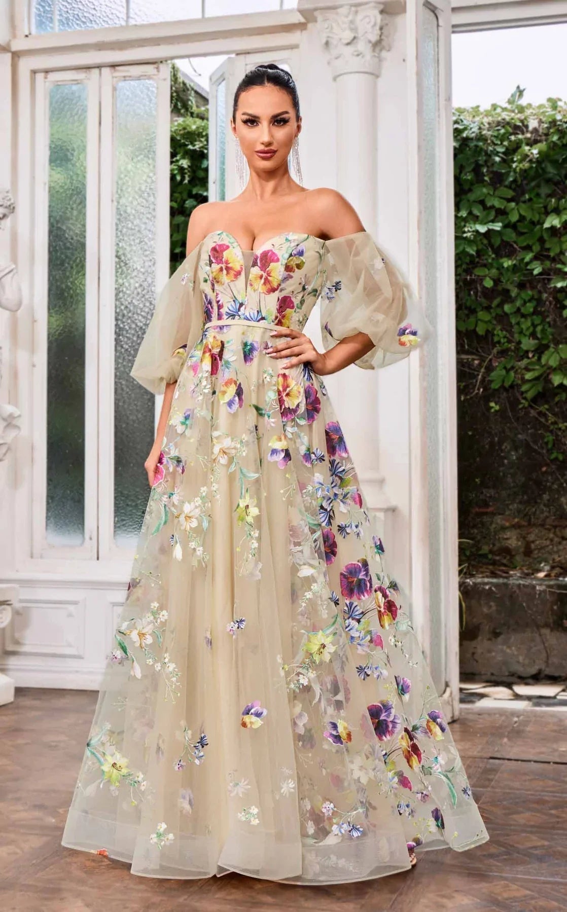 Off Shoulder Floral Ball Gown With Puffy Sleeves