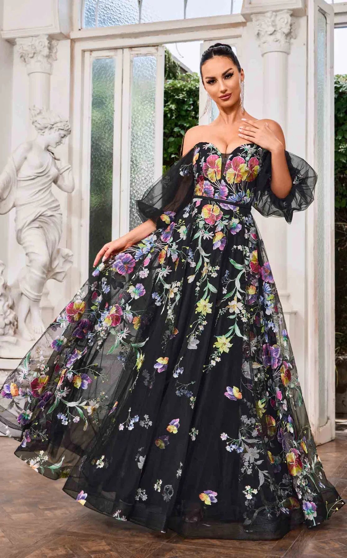 Off Shoulder Floral Ball Gown With Puffy Sleeves
