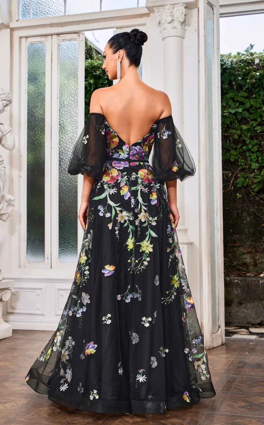 Off Shoulder Floral Ball Gown With Puffy Sleeves