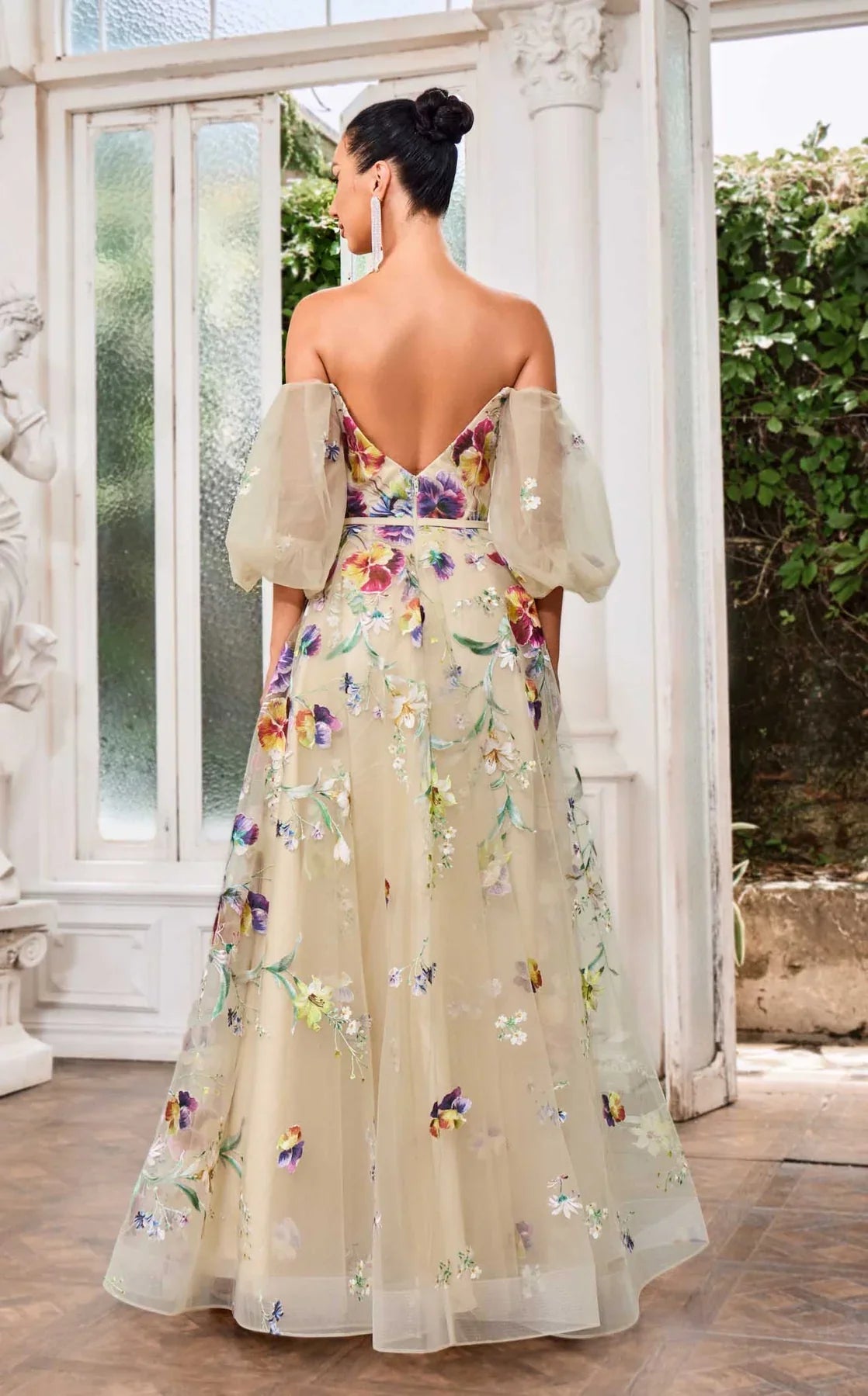 Off Shoulder Floral Ball Gown With Puffy Sleeves