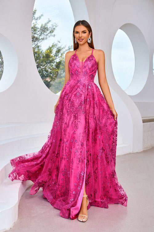 Bright Pink Spaghetti Strap A-Line Dress with V-Neckline