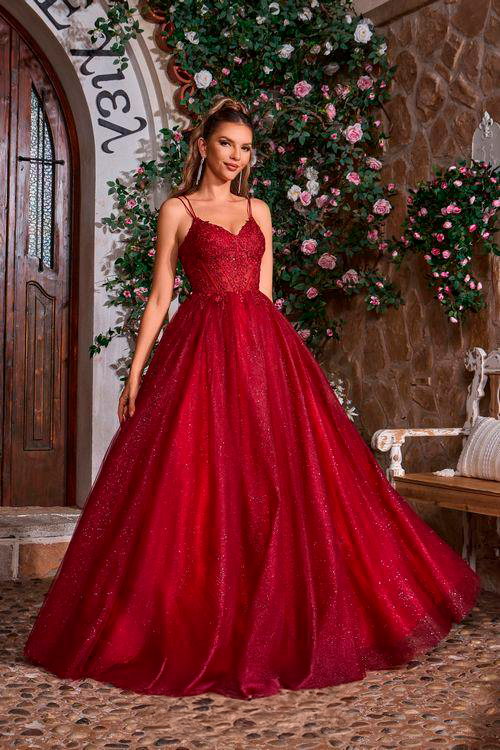 V-Neck Glitter Lace A-Line Prom Dress with Corset Back