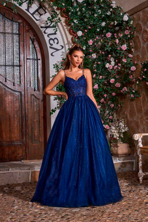 V-Neck Glitter Lace A-Line Prom Dress with Corset Back