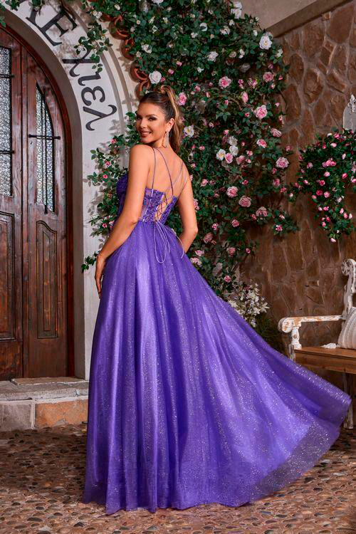 V-Neck Glitter Lace A-Line Prom Dress with Corset Back