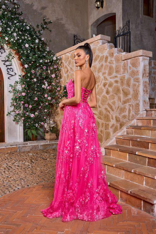 Strapless Glitter A-Line Prom Dress with Corset Back & Pockets
