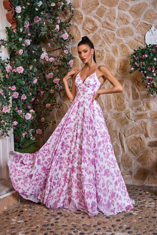 Floral Print A-Line Prom Dress with Pockets