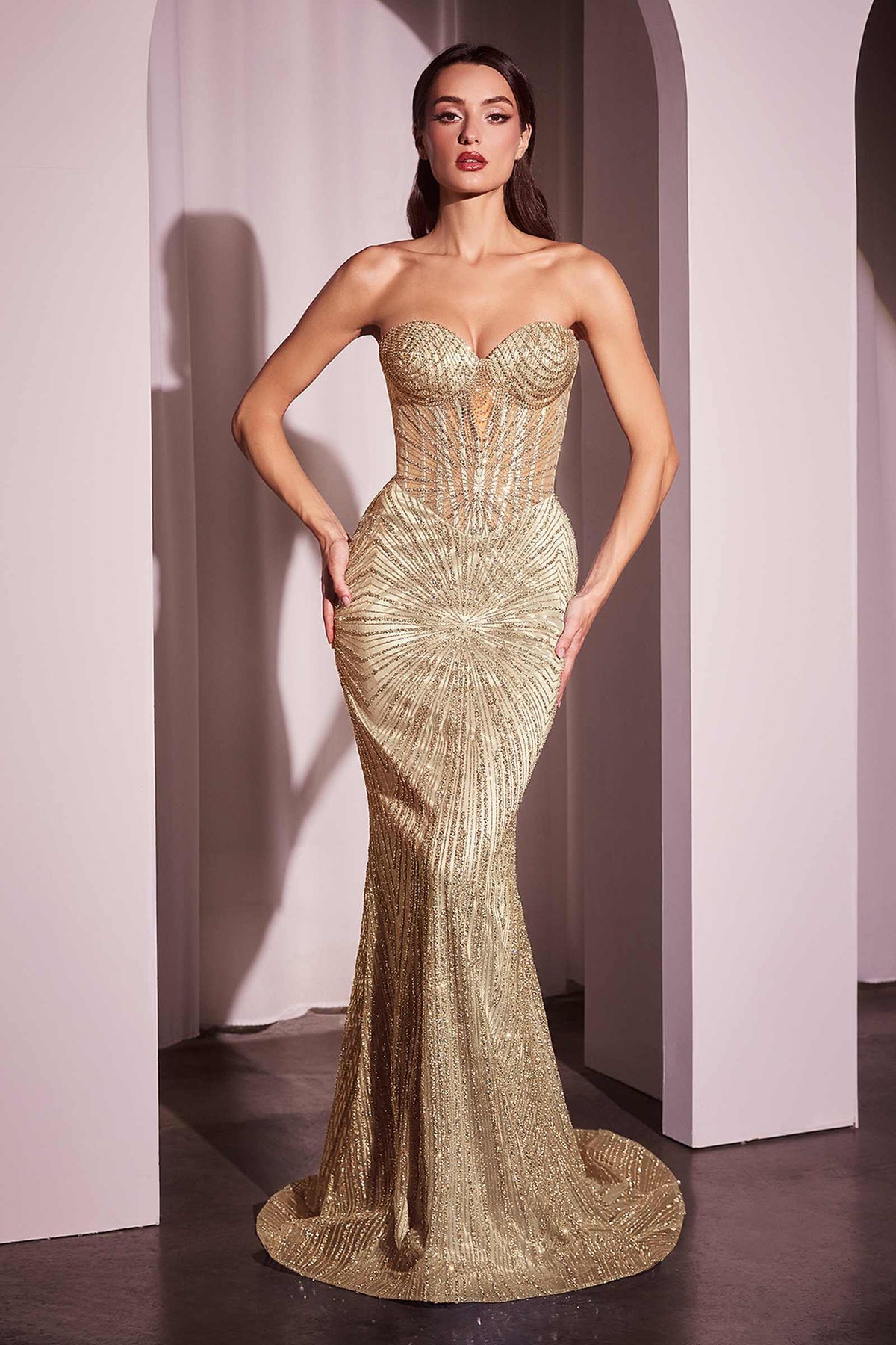 Long Sultry Fitted Strapless Gold Gown