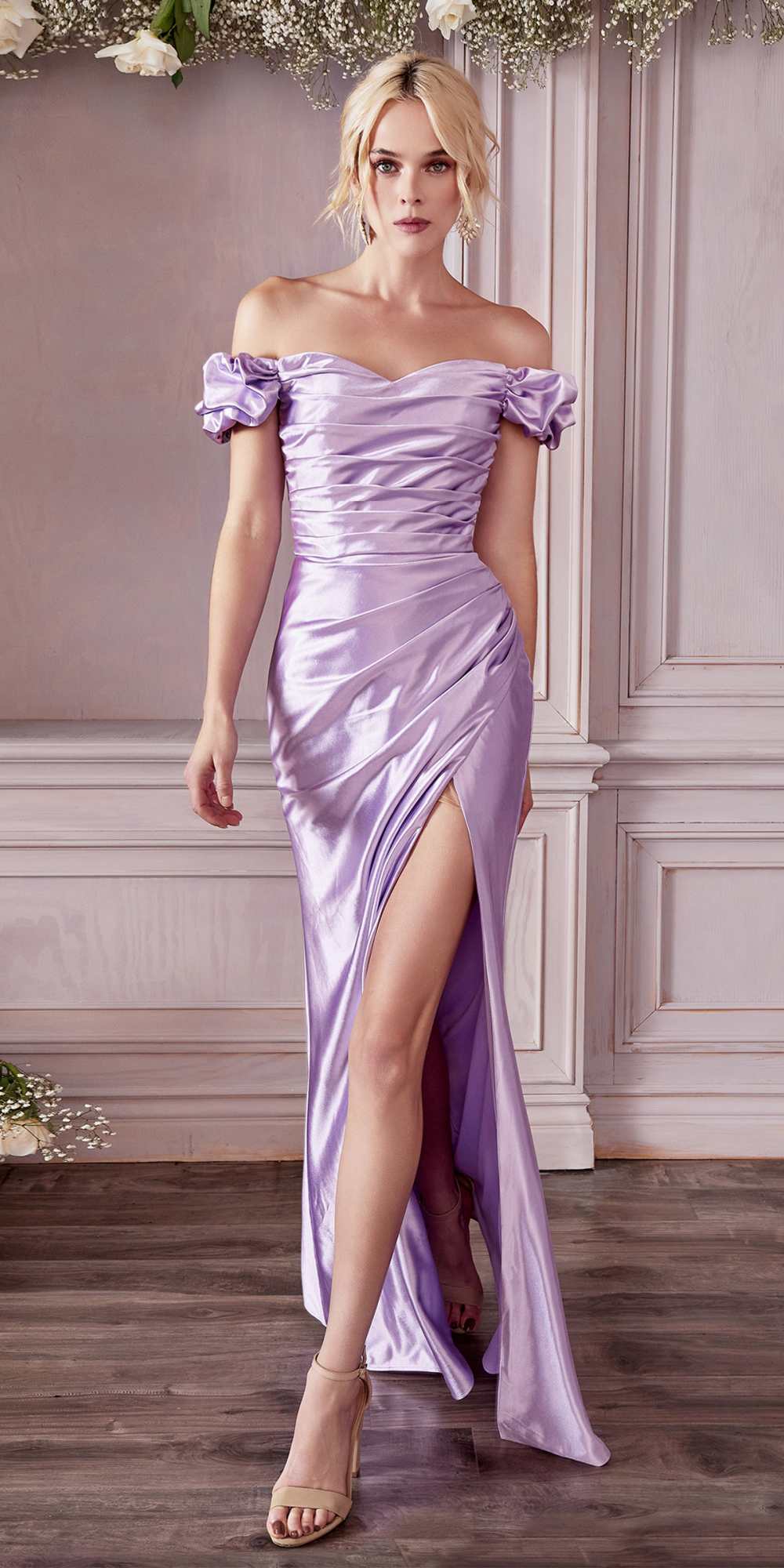 Off Shoulder Fitted Gathered Satin Gown