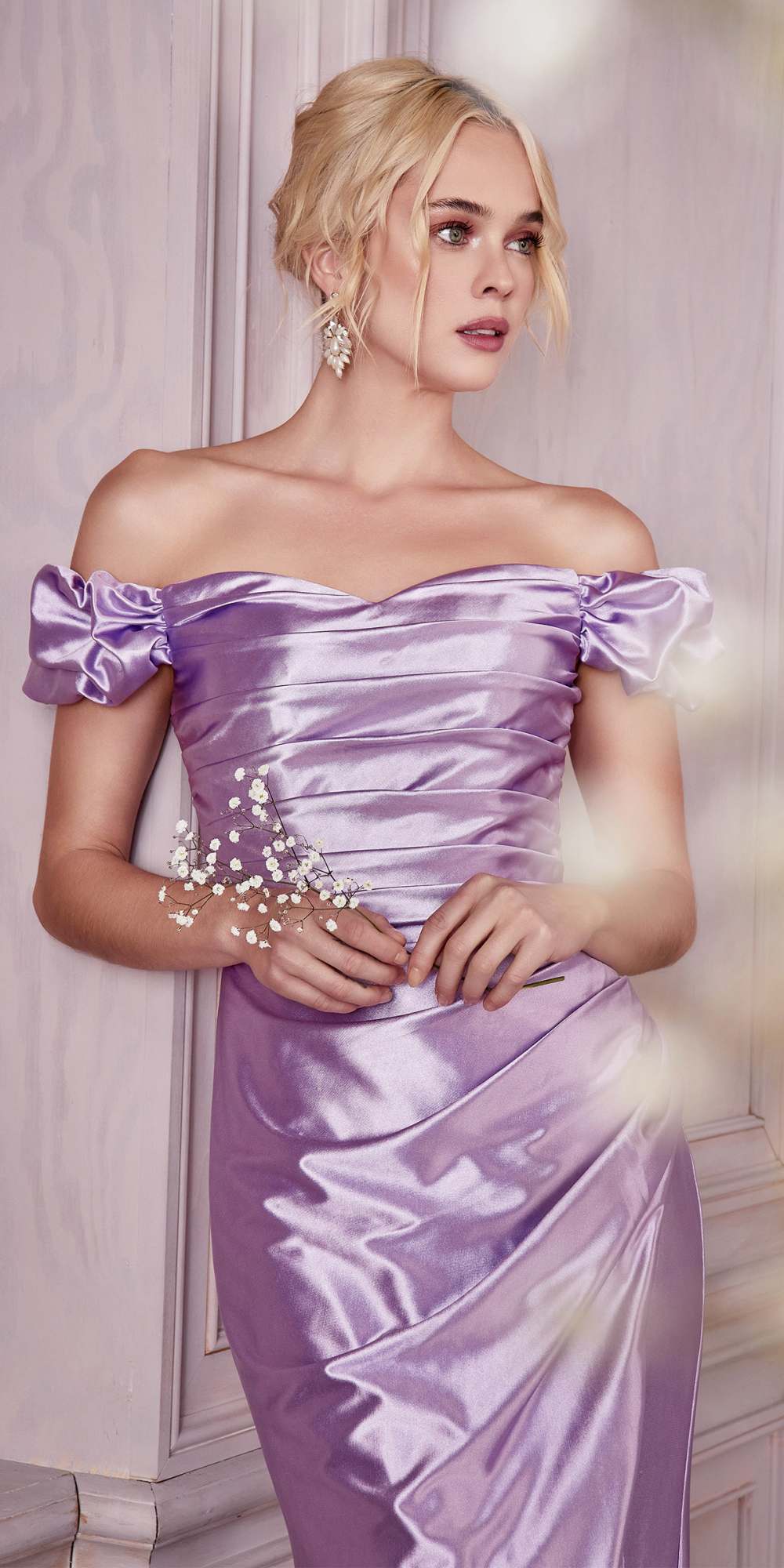 Off Shoulder Fitted Gathered Satin Gown