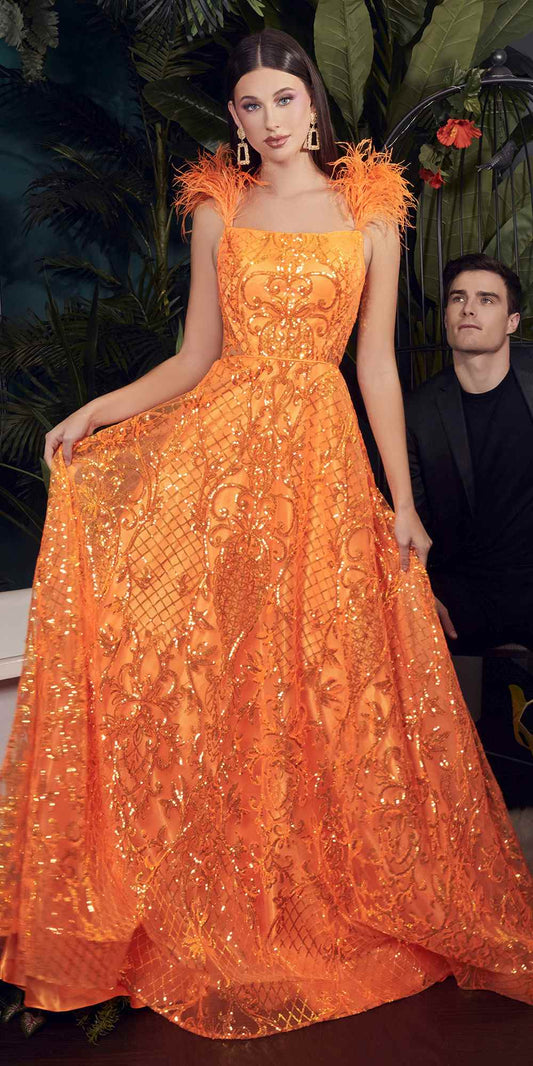 Floor Length Neon Orange Ball Gown With Feathers