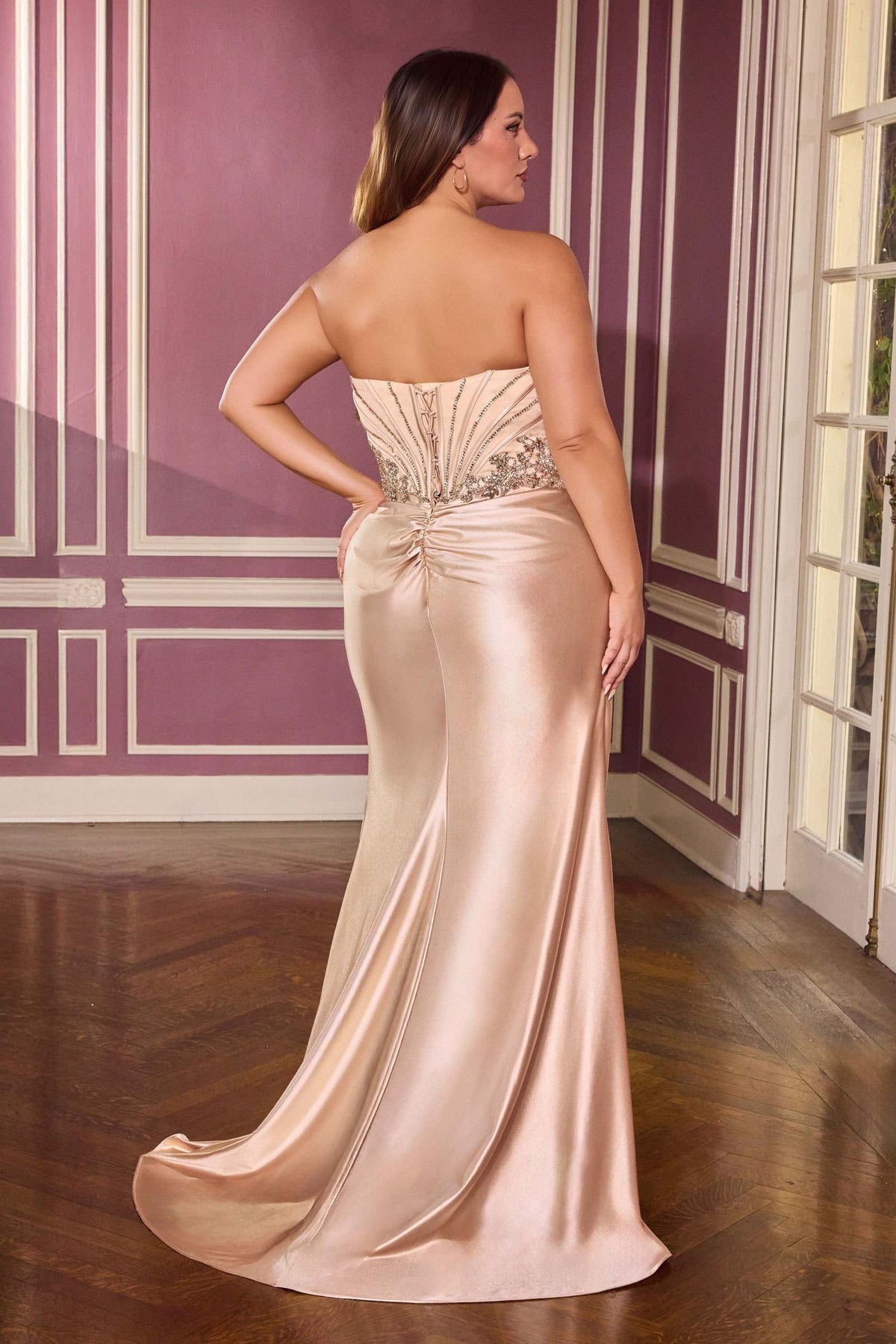 Strapless Sweetheart Draped Satin Fitted Gown