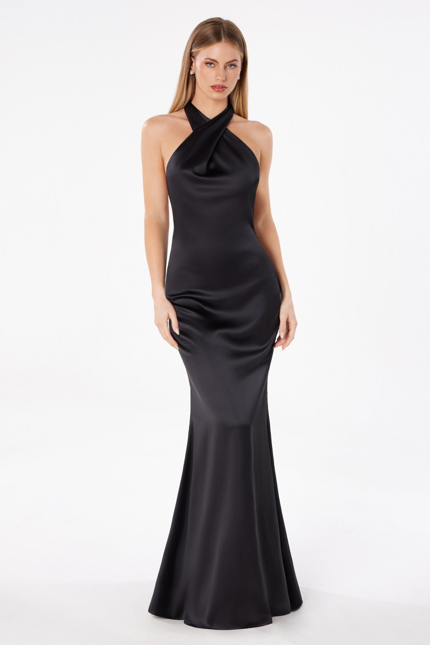 Fitted Sleek Twisted Halter Top Satin Mermaid Gown