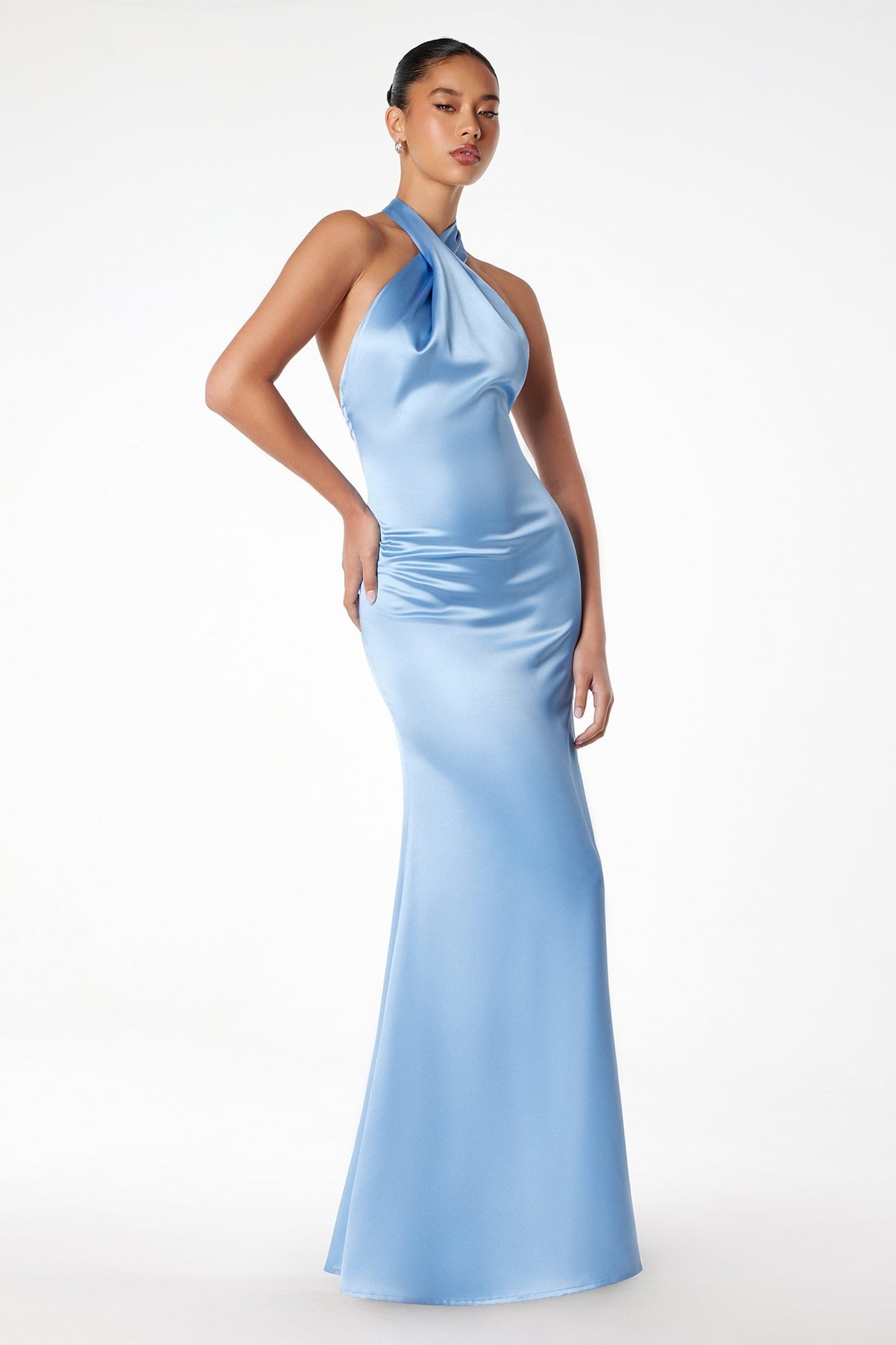 Fitted Sleek Twisted Halter Top Satin Mermaid Gown