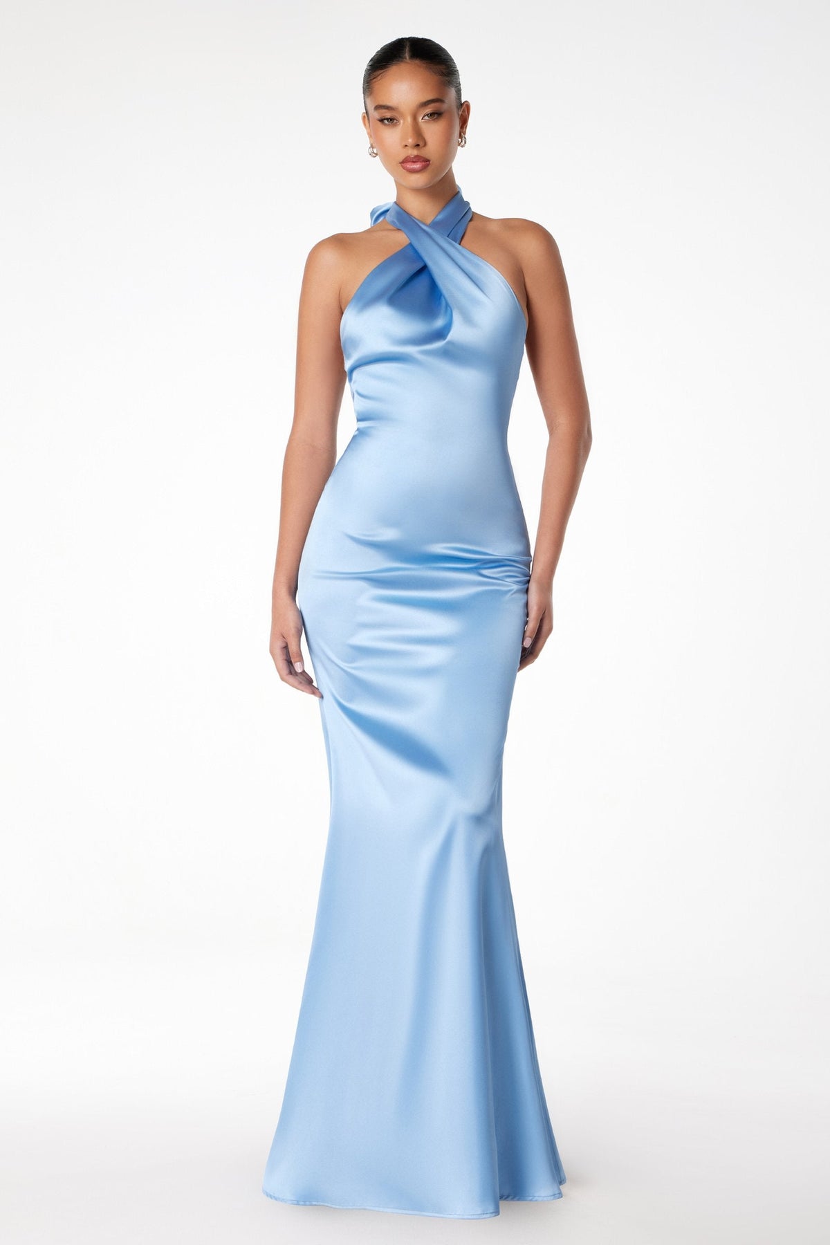 Fitted Sleek Twisted Halter Top Satin Mermaid Gown