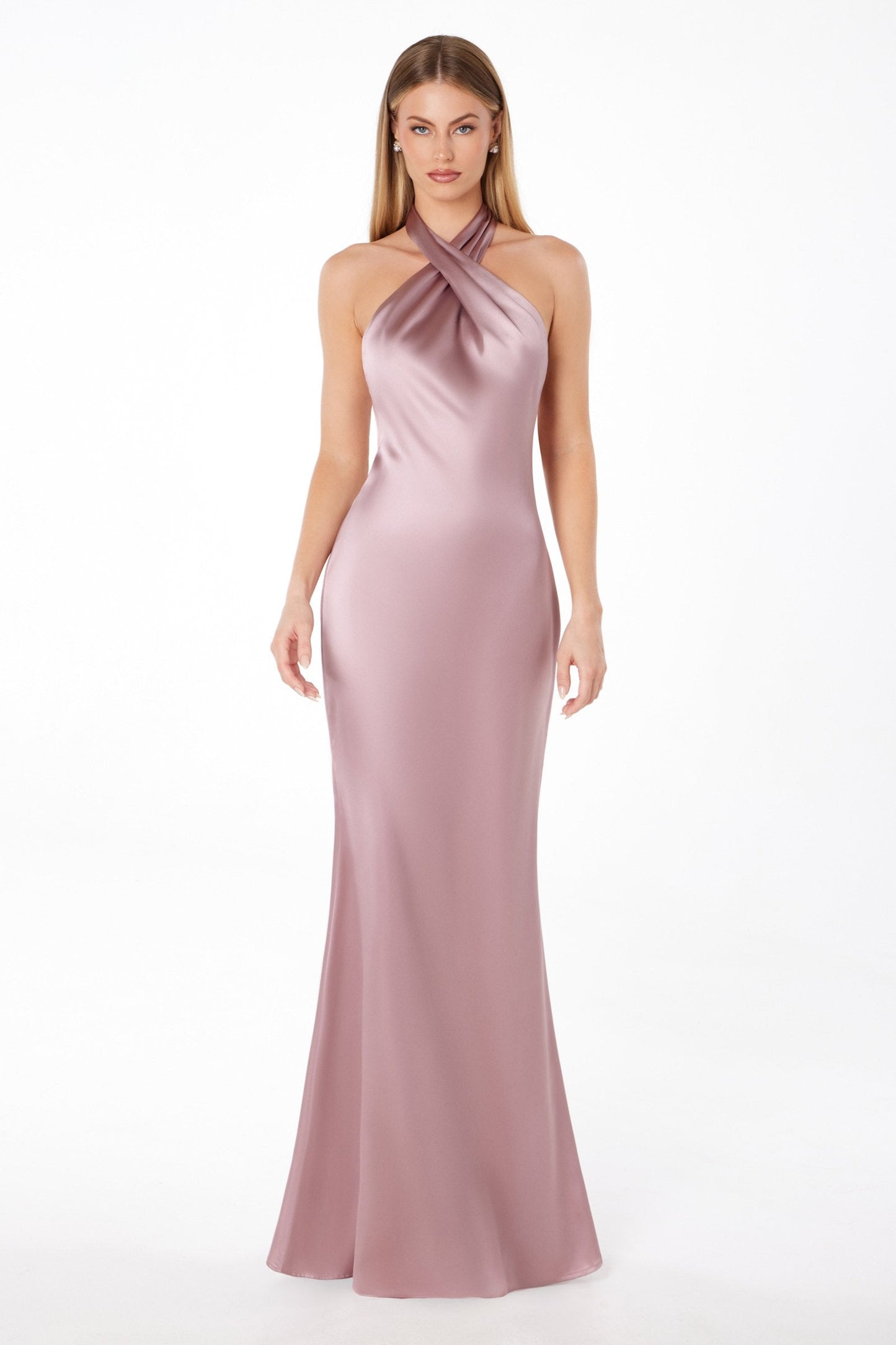 Fitted Sleek Twisted Halter Top Satin Mermaid Gown