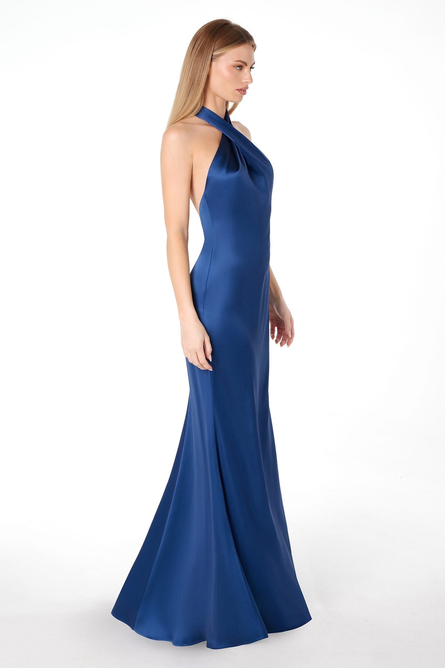Fitted Sleek Twisted Halter Top Satin Mermaid Gown