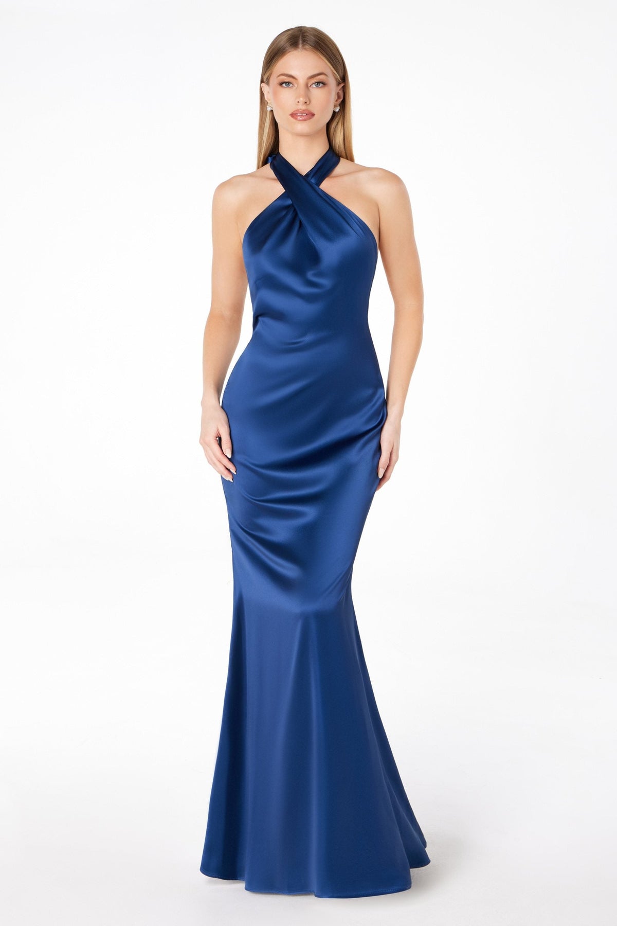 Fitted Sleek Twisted Halter Top Satin Mermaid Gown