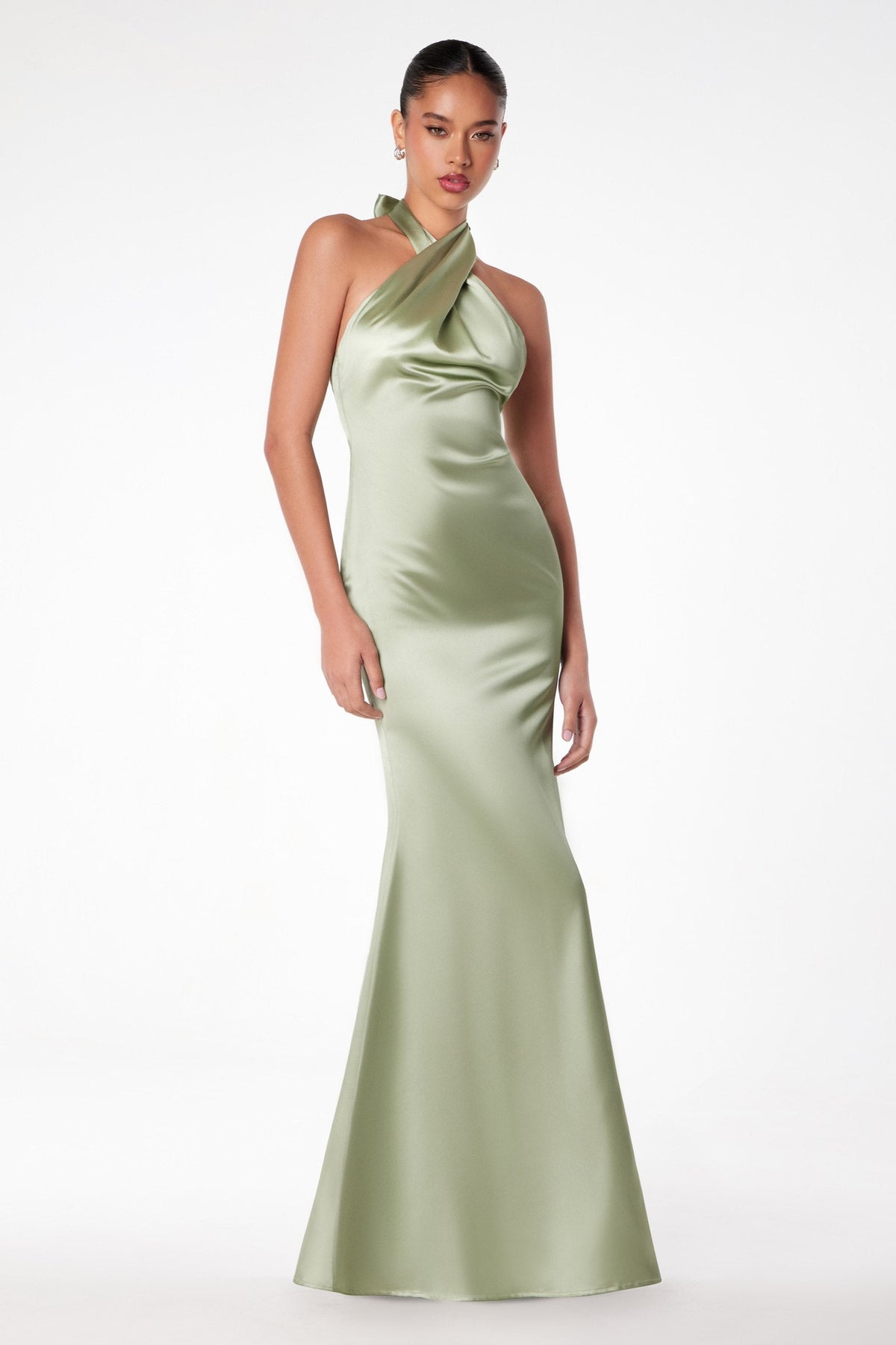 Fitted Sleek Twisted Halter Top Satin Mermaid Gown
