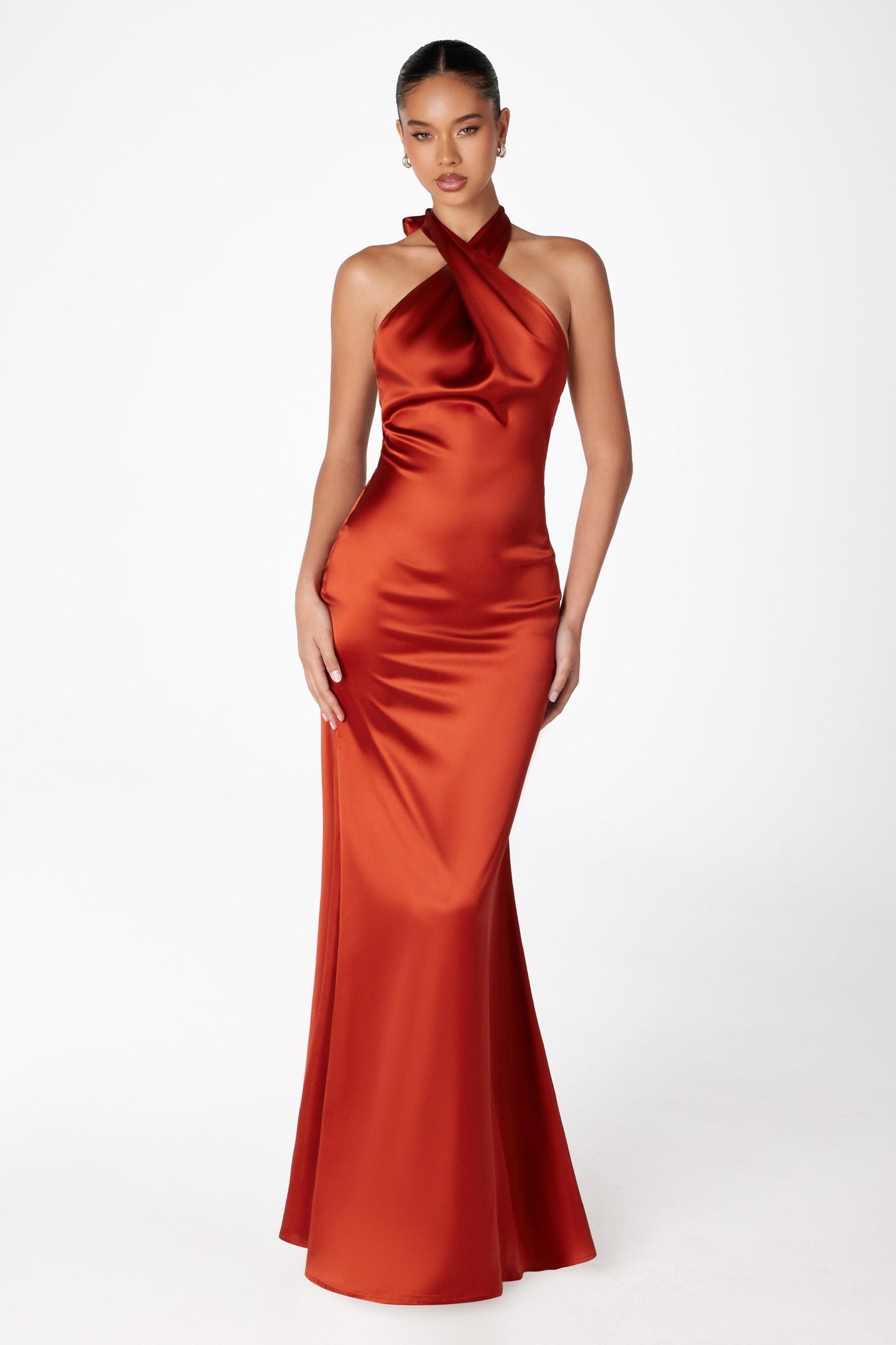 Fitted Sleek Twisted Halter Top Satin Mermaid Gown