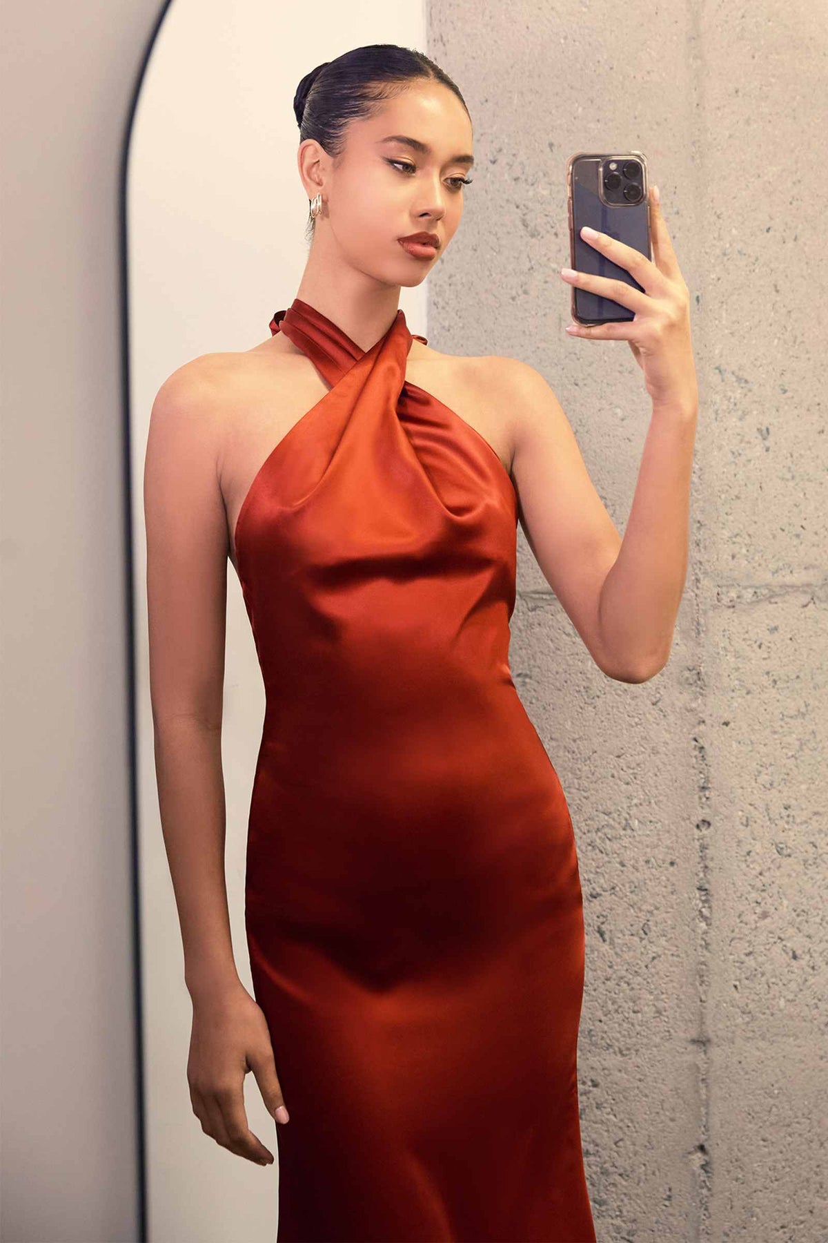 Fitted Sleek Twisted Halter Top Satin Mermaid Gown