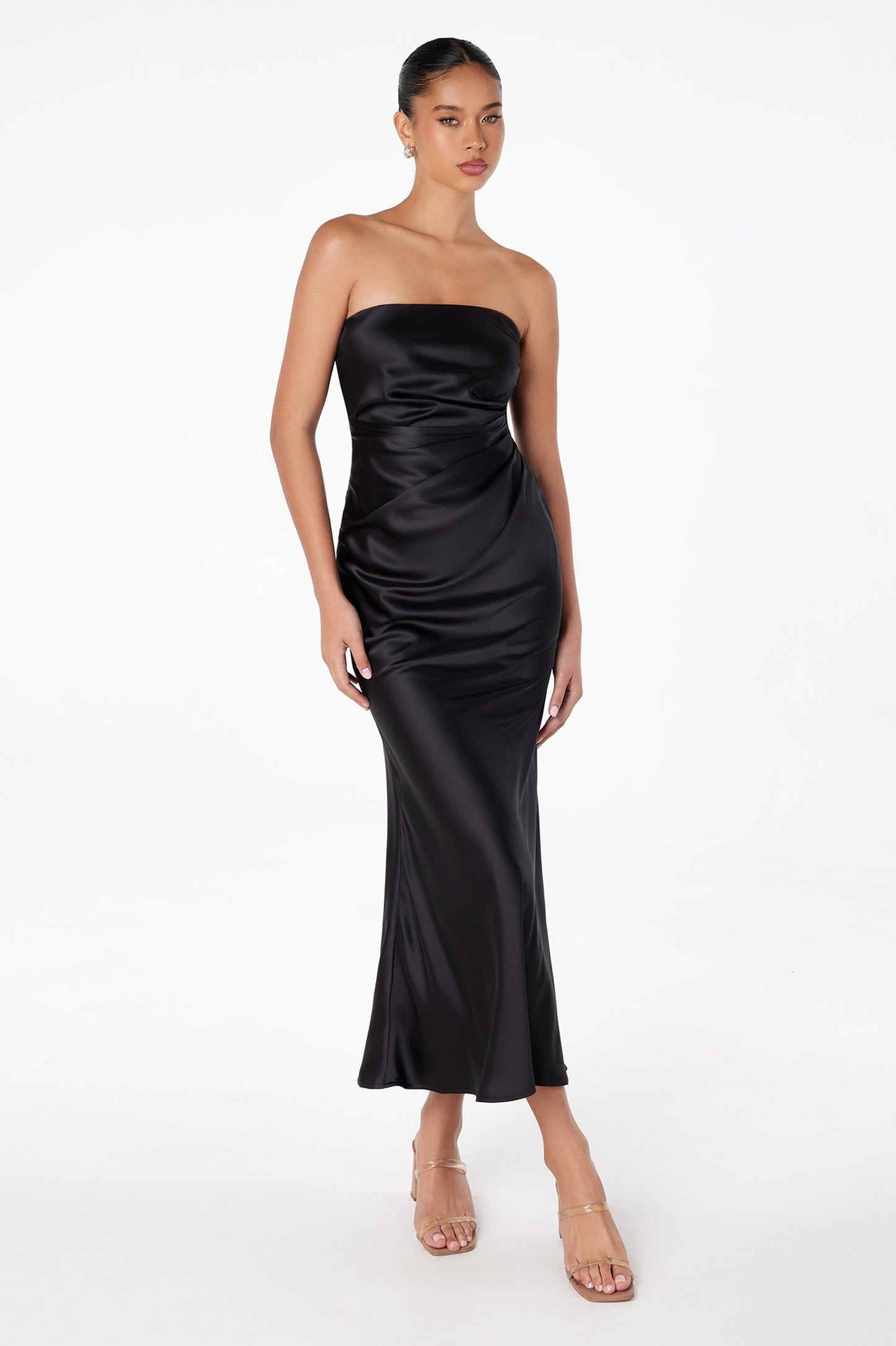 Tea Length Satin Dress Cut Out Cowl-Like Back