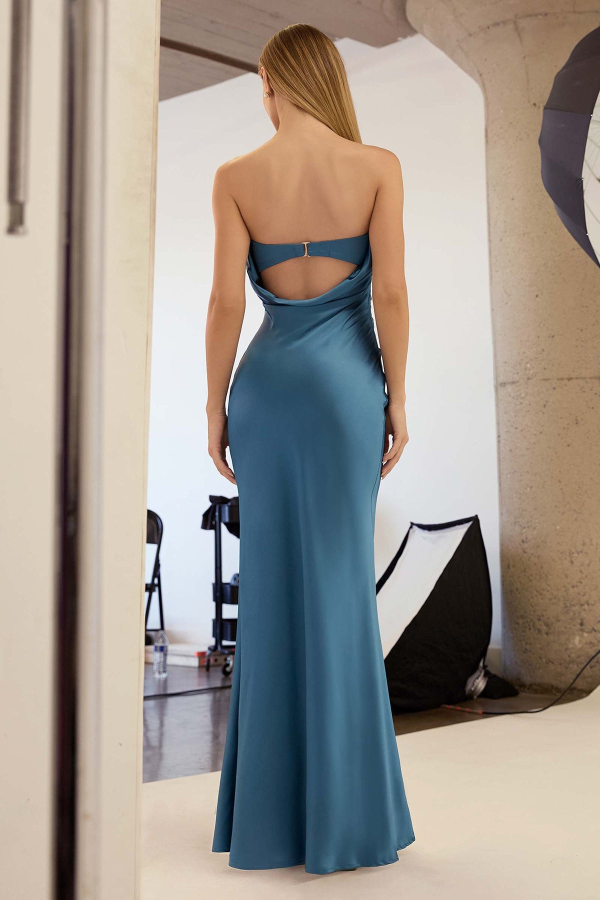 Tea Length Satin Dress Cut Out Cowl-Like Back