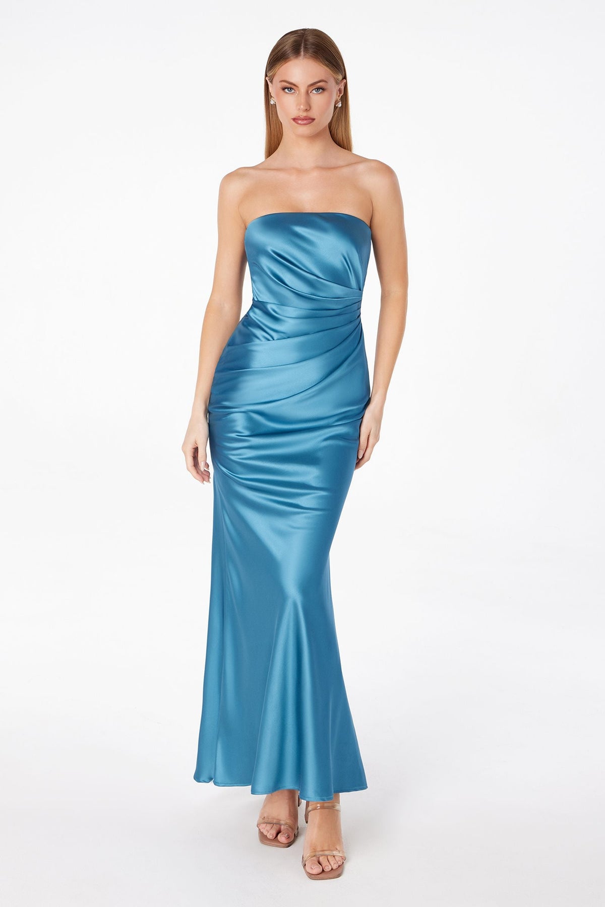 Tea Length Satin Dress Cut Out Cowl-Like Back