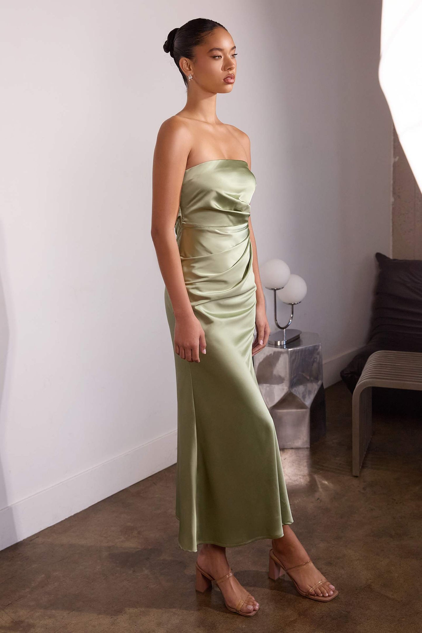 Tea Length Satin Dress Cut Out Cowl-Like Back