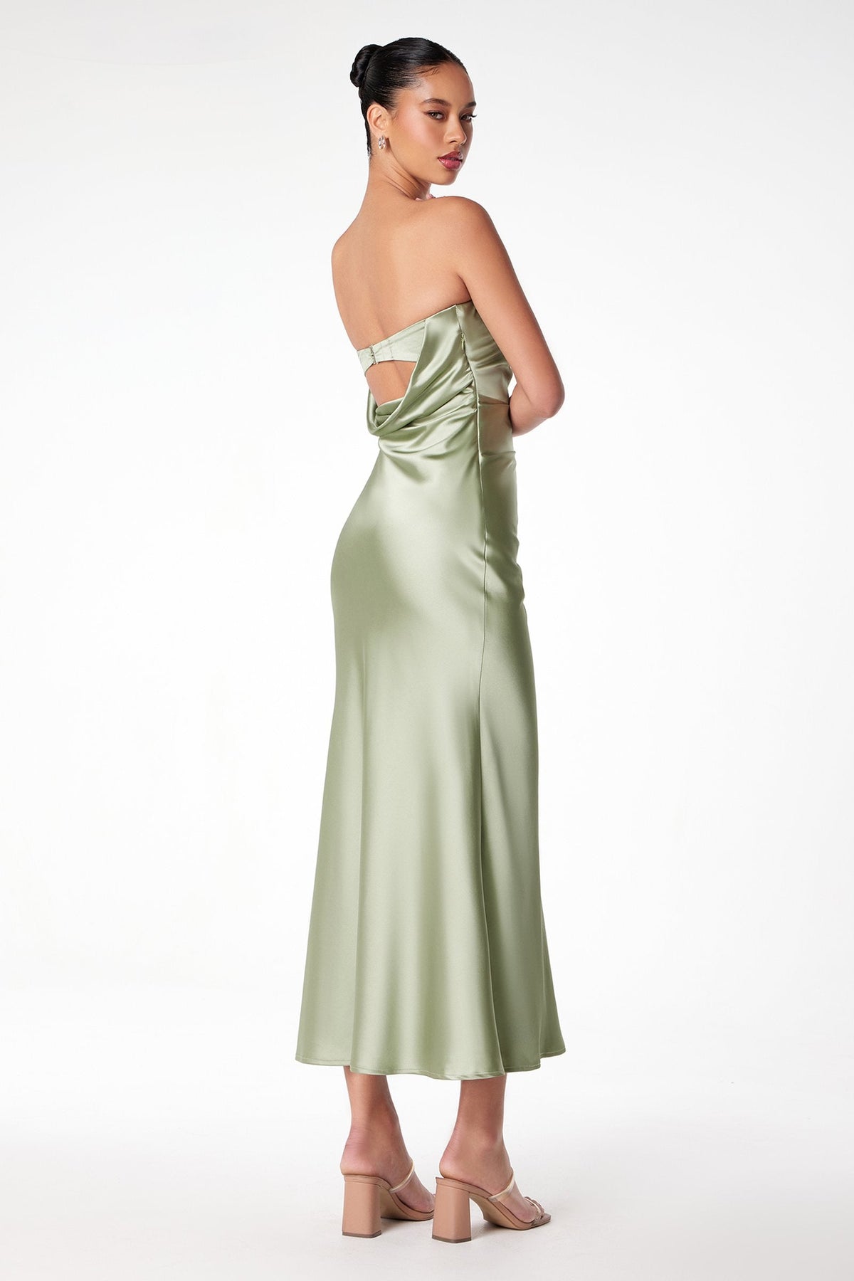 Tea Length Satin Dress Cut Out Cowl-Like Back