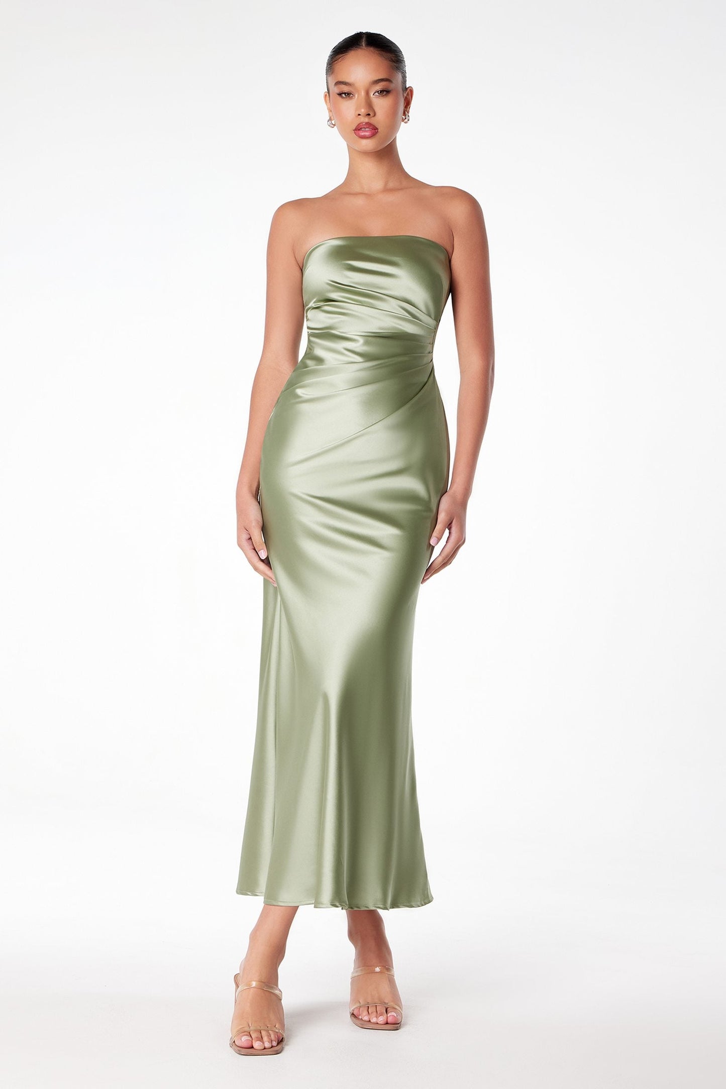 Tea Length Satin Dress Cut Out Cowl-Like Back