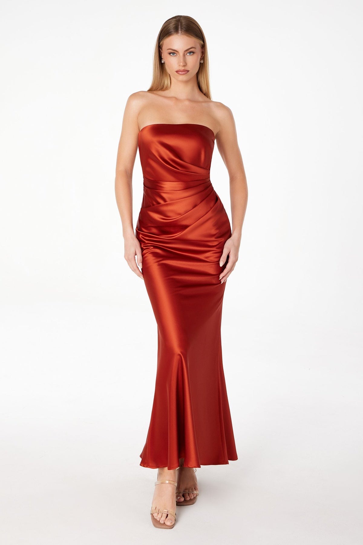 Tea Length Satin Dress Cut Out Cowl-Like Back