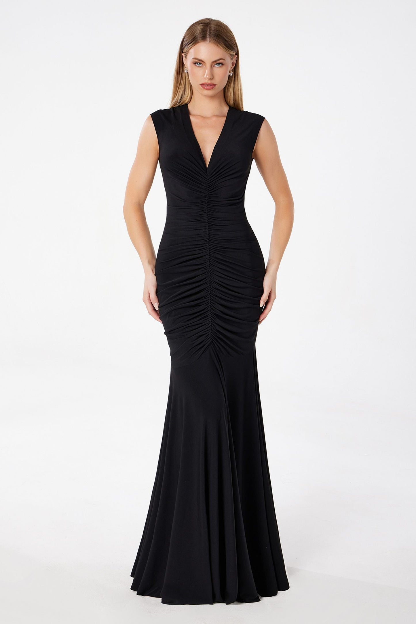 Long V-Neckline Ruched Mermaid Gown