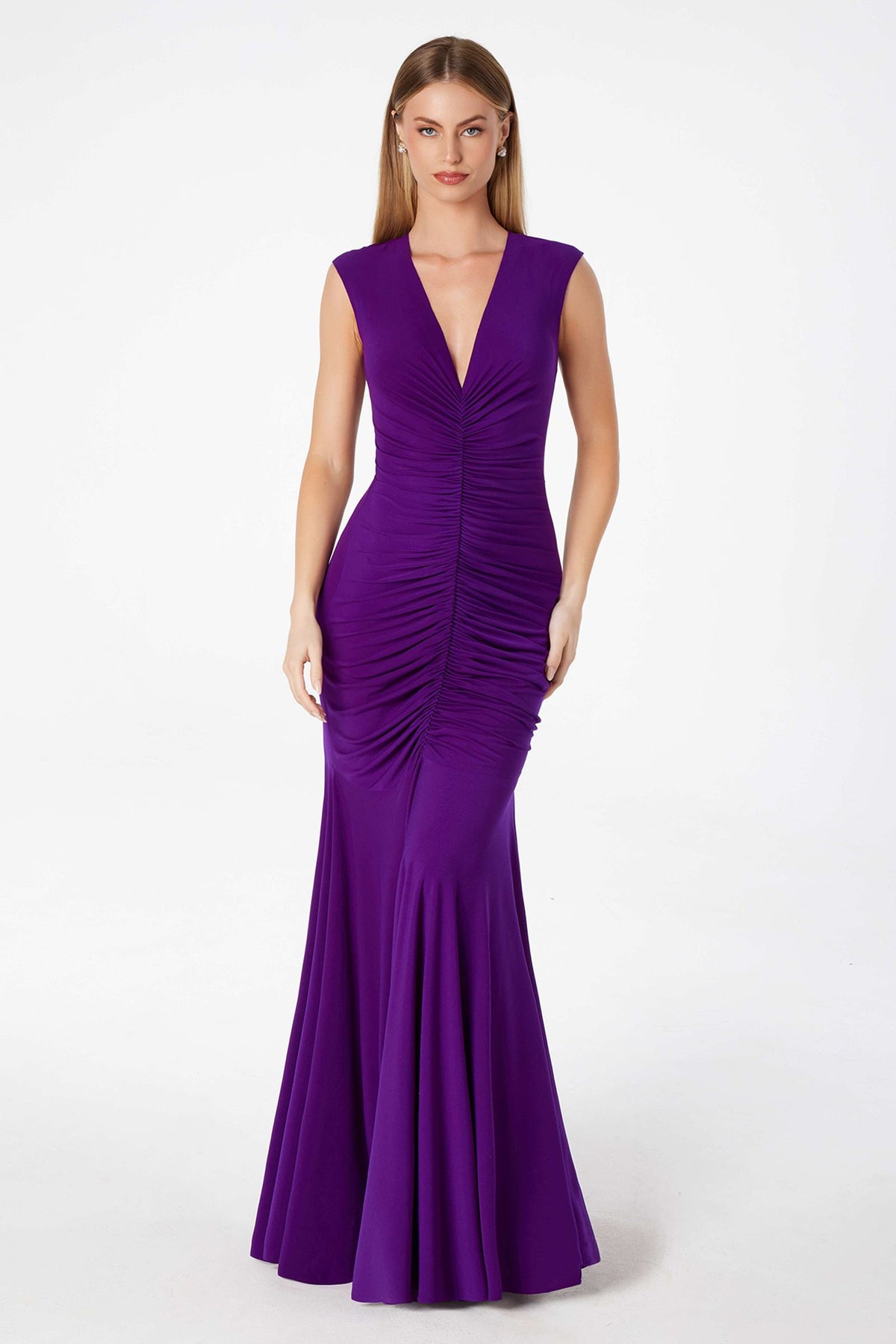 Long V-Neckline Ruched Mermaid Gown
