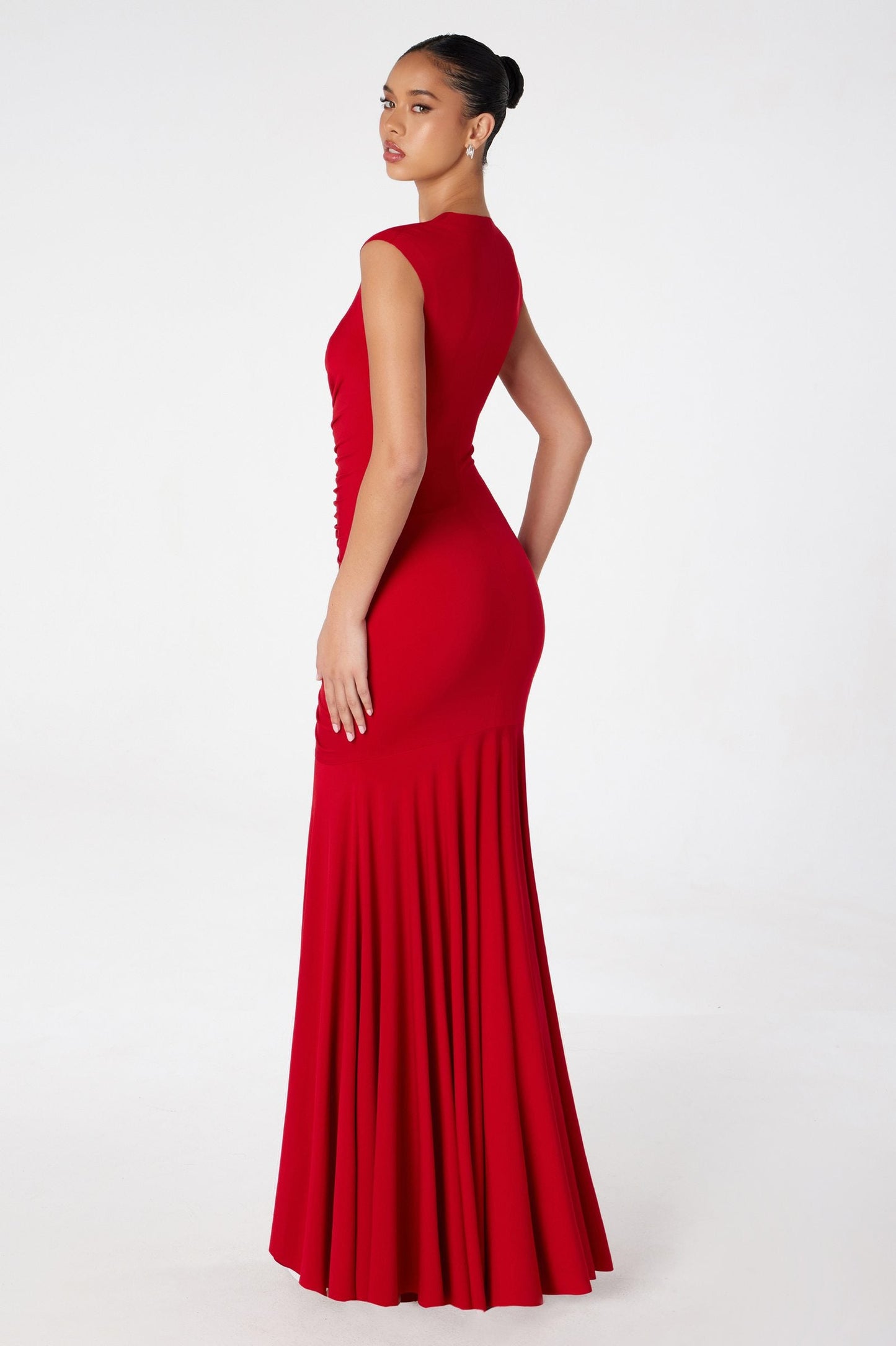 Long V-Neckline Ruched Mermaid Gown