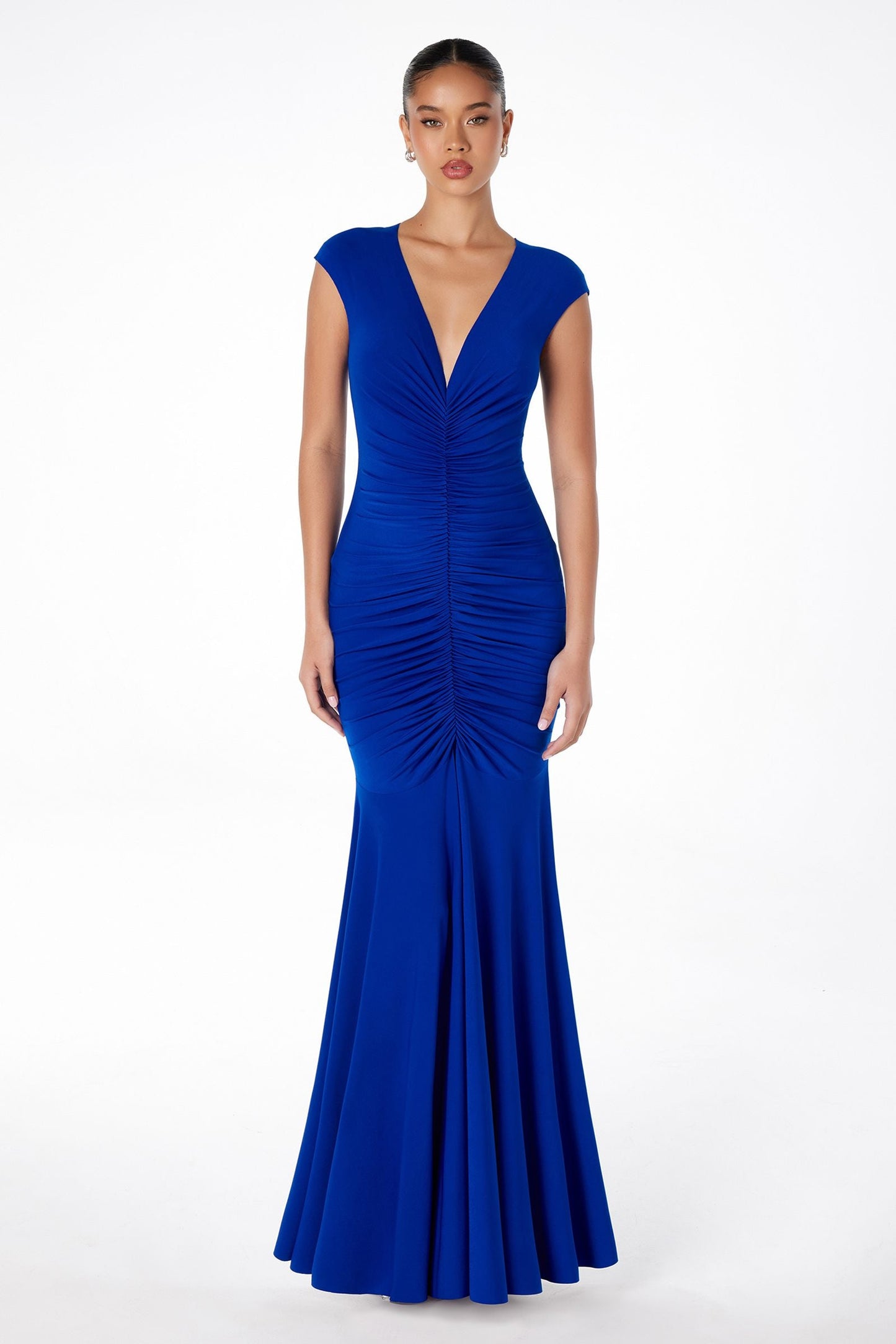 Long V-Neckline Ruched Mermaid Gown
