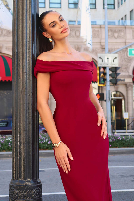 Off the Shoulder Fitted Evening Gown Back Slit