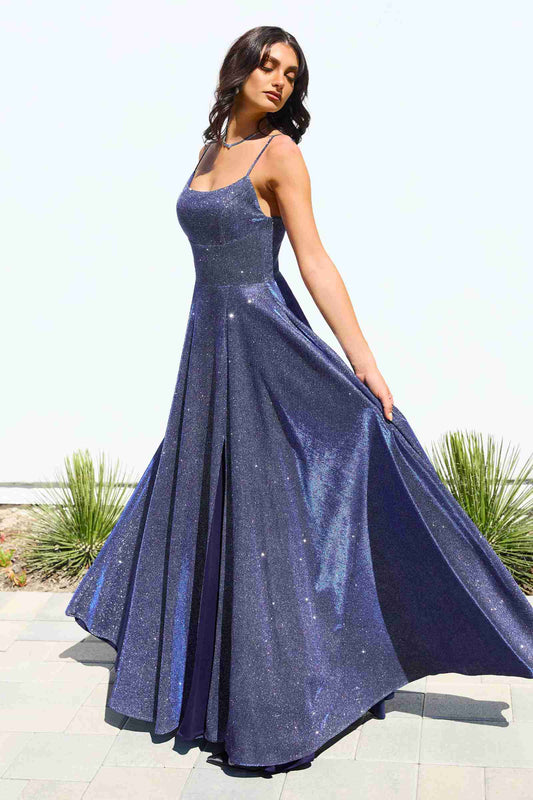 Sleeveless Spaghetti Strap A-Line Glitter Gown