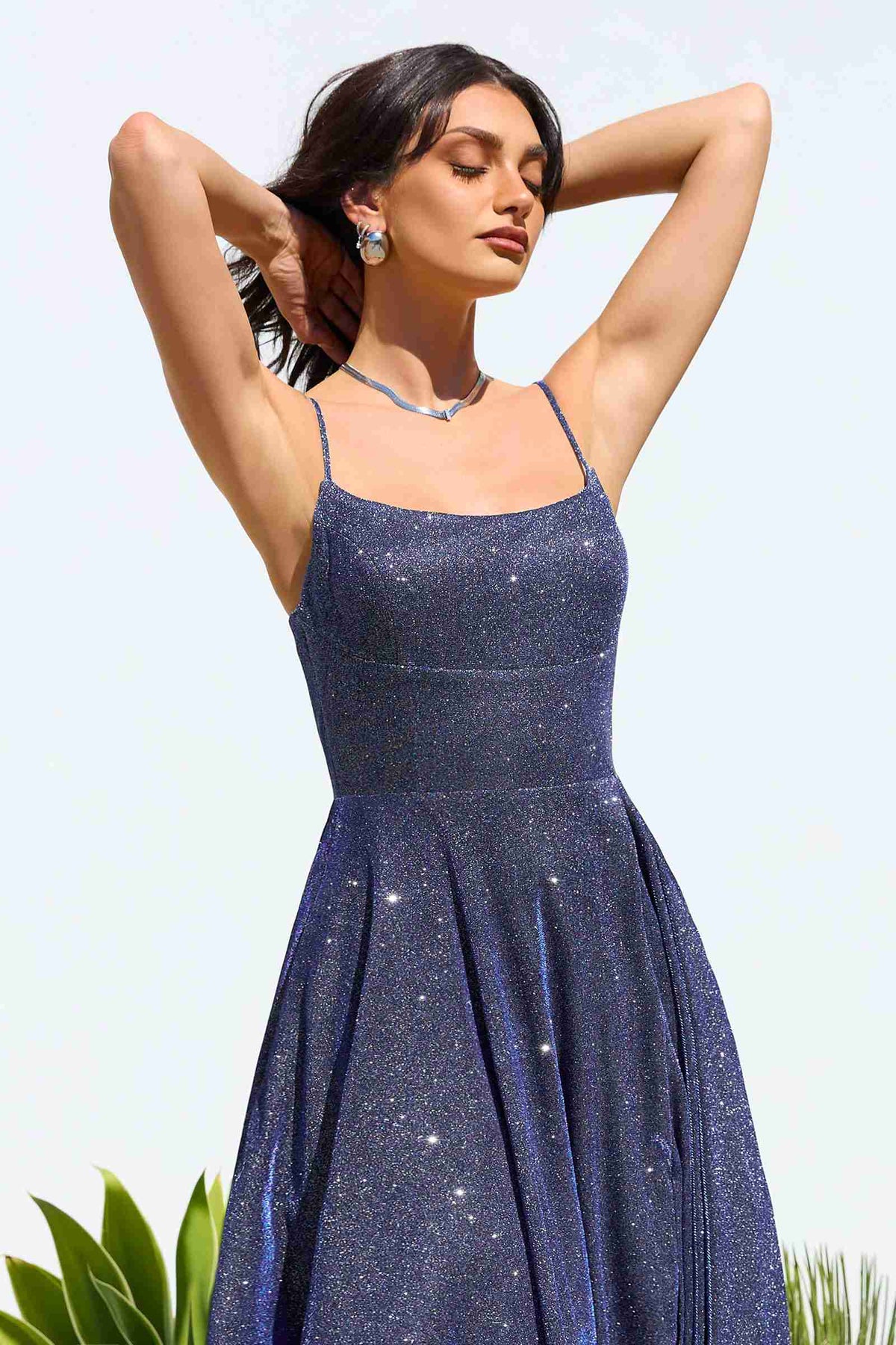Sleeveless Spaghetti Strap A-Line Glitter Gown